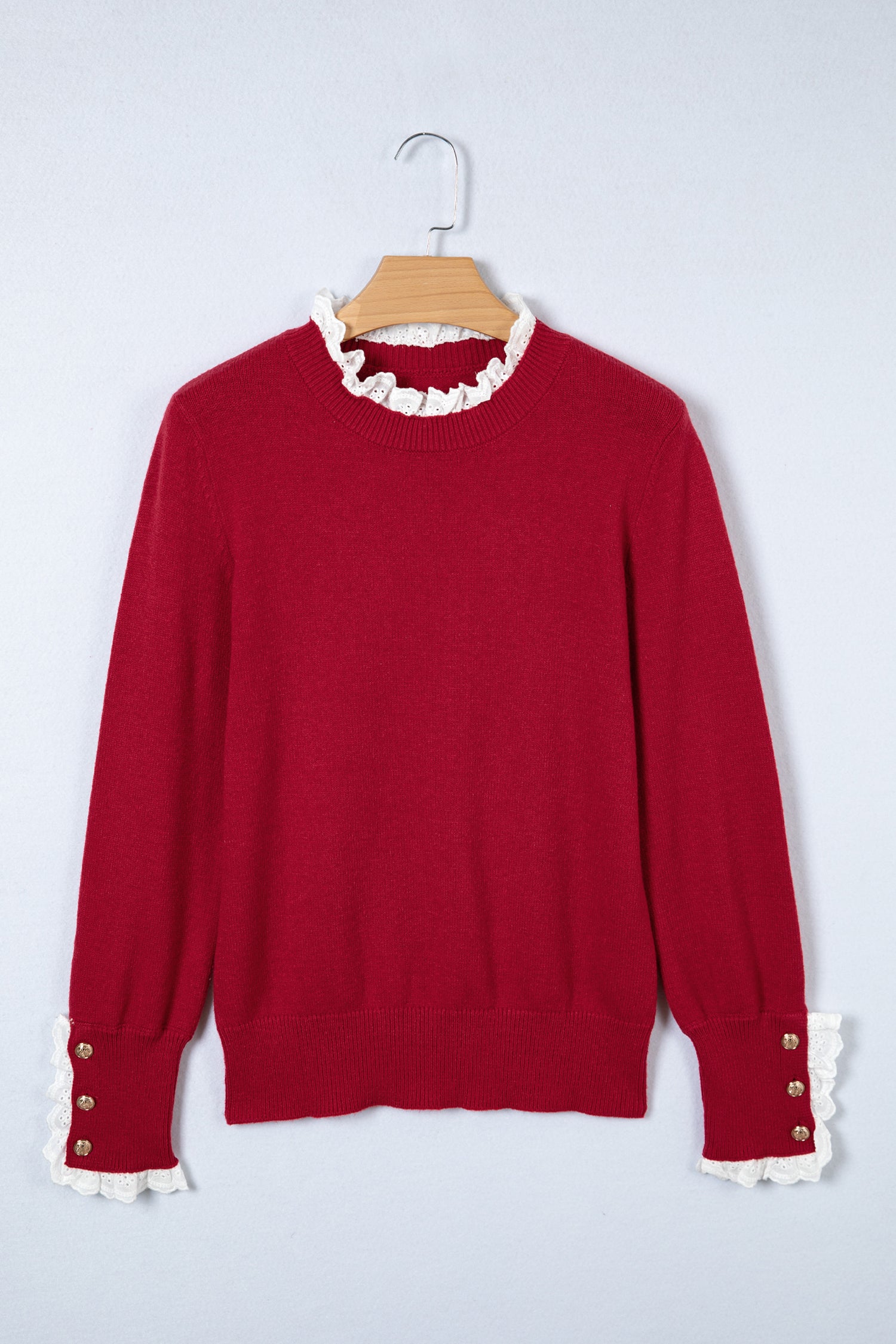 Racing Red Lace Trim Patchwork Buttoned Cuffs Loose Sweater-TOPS / DRESSES-[Adult]-[Female]-2022 Online Blue Zone Planet