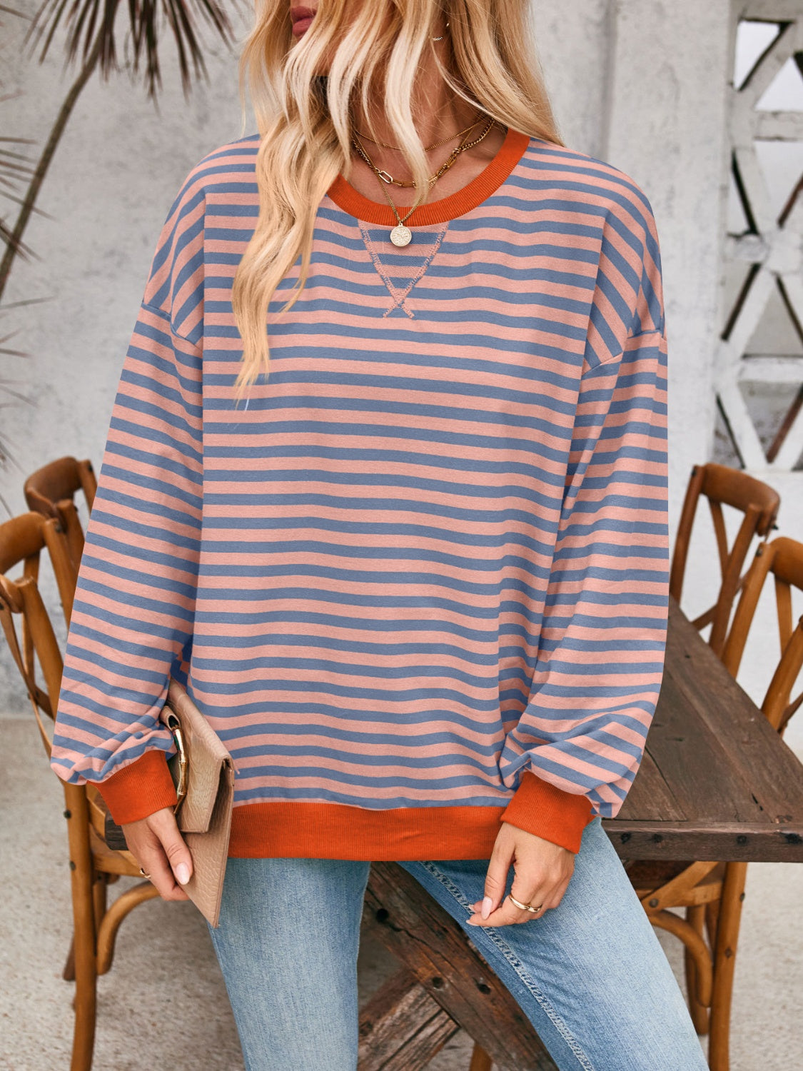 Blue Zone Planet | Lovelet Contrast Striped Long Sleeve Sweatshirt-TOPS / DRESSES-[Adult]-[Female]-2022 Online Blue Zone Planet