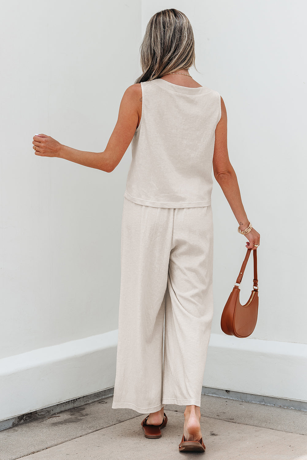 Apricot Buttoned V Neck Tank Top and Wide Leg Pants Casual Outfit-Two Piece Sets/Pant Sets-[Adult]-[Female]-2022 Online Blue Zone Planet