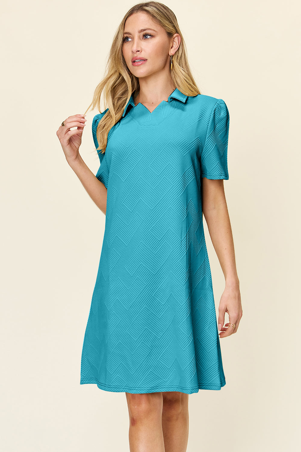 Blue Zone Planet | Double Take Full Size Texture Collared Neck Short Sleeve Dress-TOPS / DRESSES-[Adult]-[Female]-2022 Online Blue Zone Planet