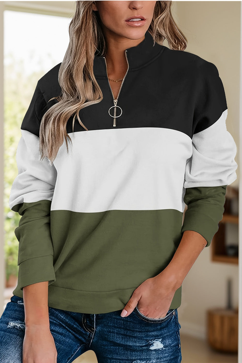 Full Size Color Block Quarter Zip Long Sleeve Sweatshirt-TOPS / DRESSES-[Adult]-[Female]-Moss-S-2022 Online Blue Zone Planet