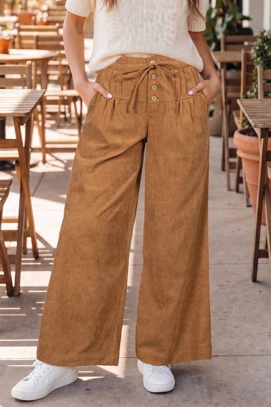 Thai Curry Elastic Waist Wooden Button Placket Ankle Length Wide Leg Pants-Bottoms/Pants & Culotte-[Adult]-[Female]-Thai Curry-S-2022 Online Blue Zone Planet