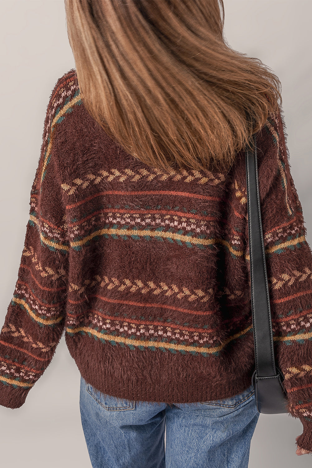 Brown Ethnic Pattern Mohair Knitted Drop Shoulder Sweater-TOPS / DRESSES-[Adult]-[Female]-2022 Online Blue Zone Planet