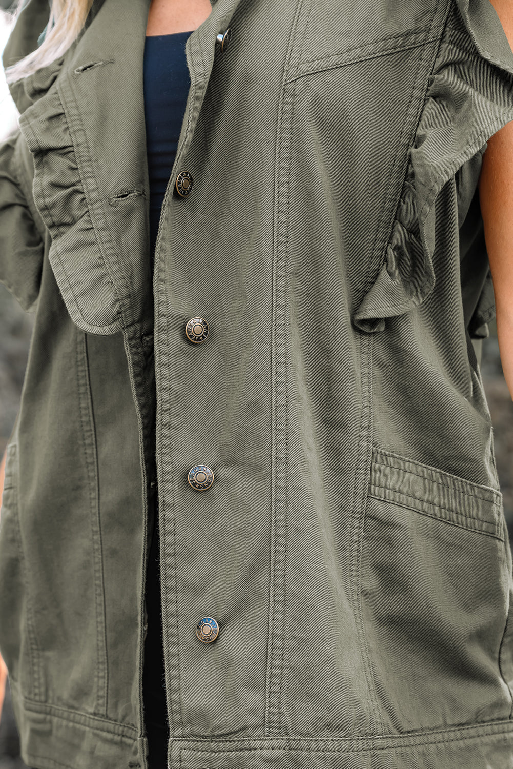 Green Bay Ruffled Patchwork Denim Jacket Vest-Outerwear/Vests-[Adult]-[Female]-2022 Online Blue Zone Planet