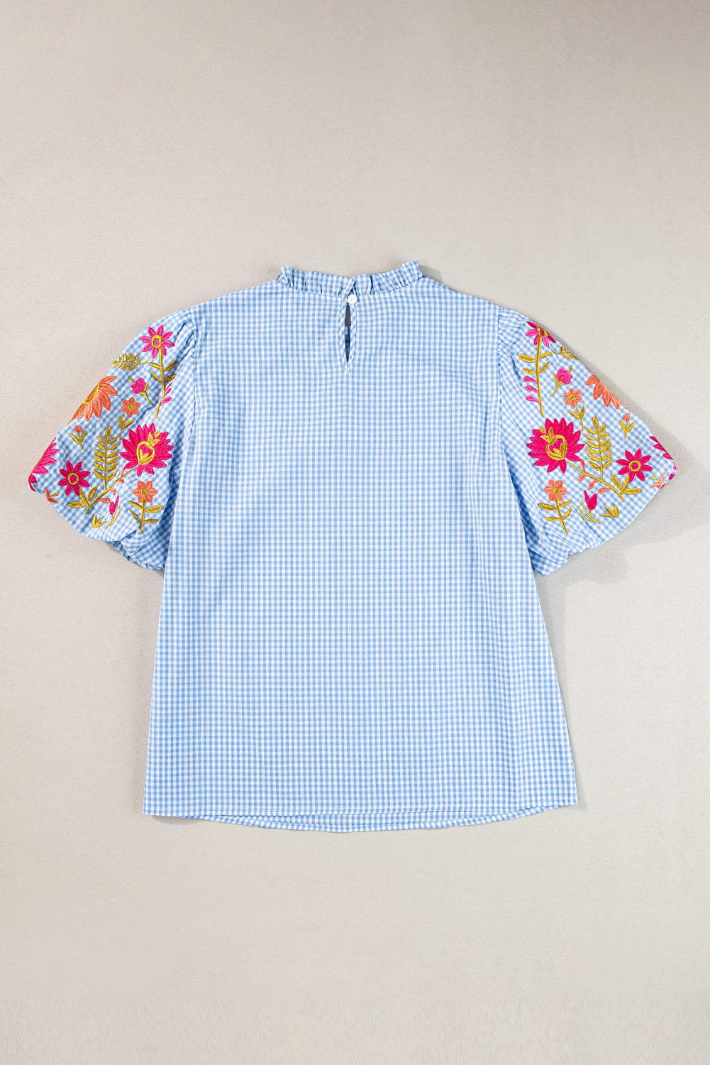 Light Blue Gingham Floral Embroidered Puff Sleeve Blouse Blue Zone Planet