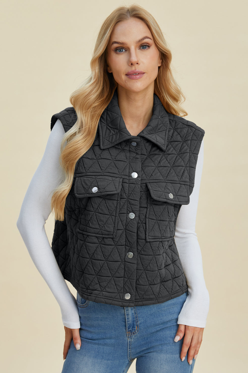 Double Take Full Size Pocketed Texture Snap Down Vest Coat-TOPS / DRESSES-[Adult]-[Female]-2022 Online Blue Zone Planet