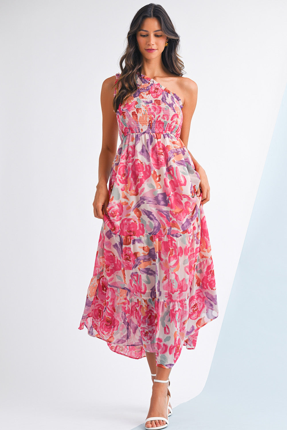 Pink Floral Print Shirred One Shoulder Maxi Dress-TOPS / DRESSES-[Adult]-[Female]-2022 Online Blue Zone Planet