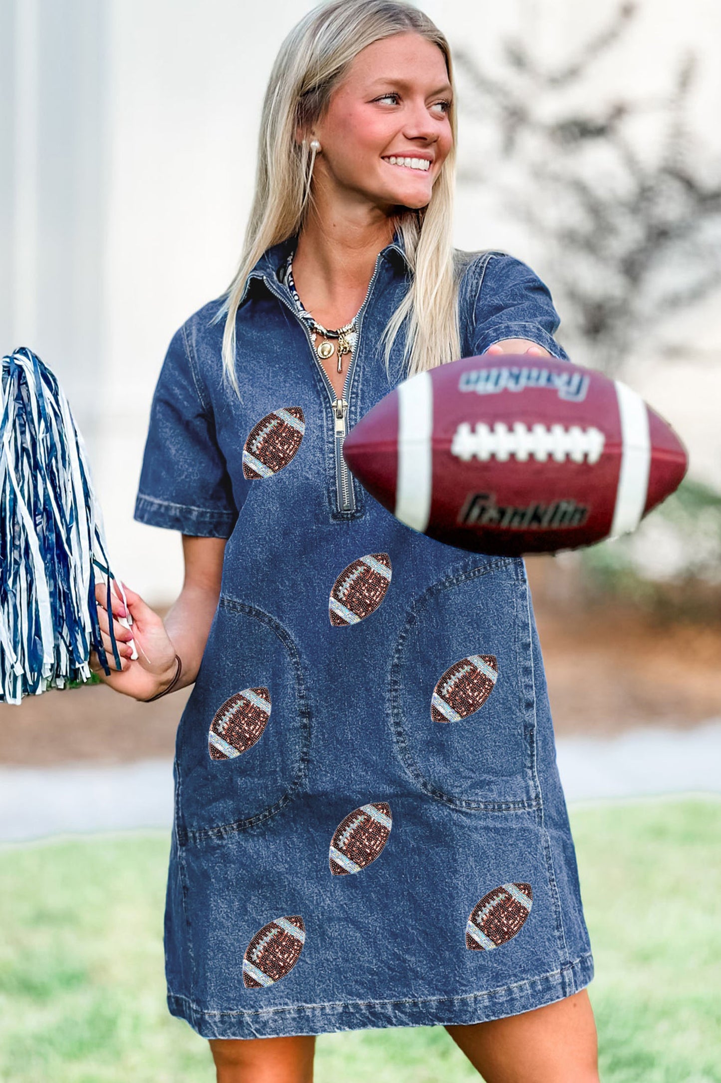 Blue Sequin Football Pattern Zip Collar Pocketed Denim Shift Dress-Graphic/Graphic Dresses-[Adult]-[Female]-2022 Online Blue Zone Planet