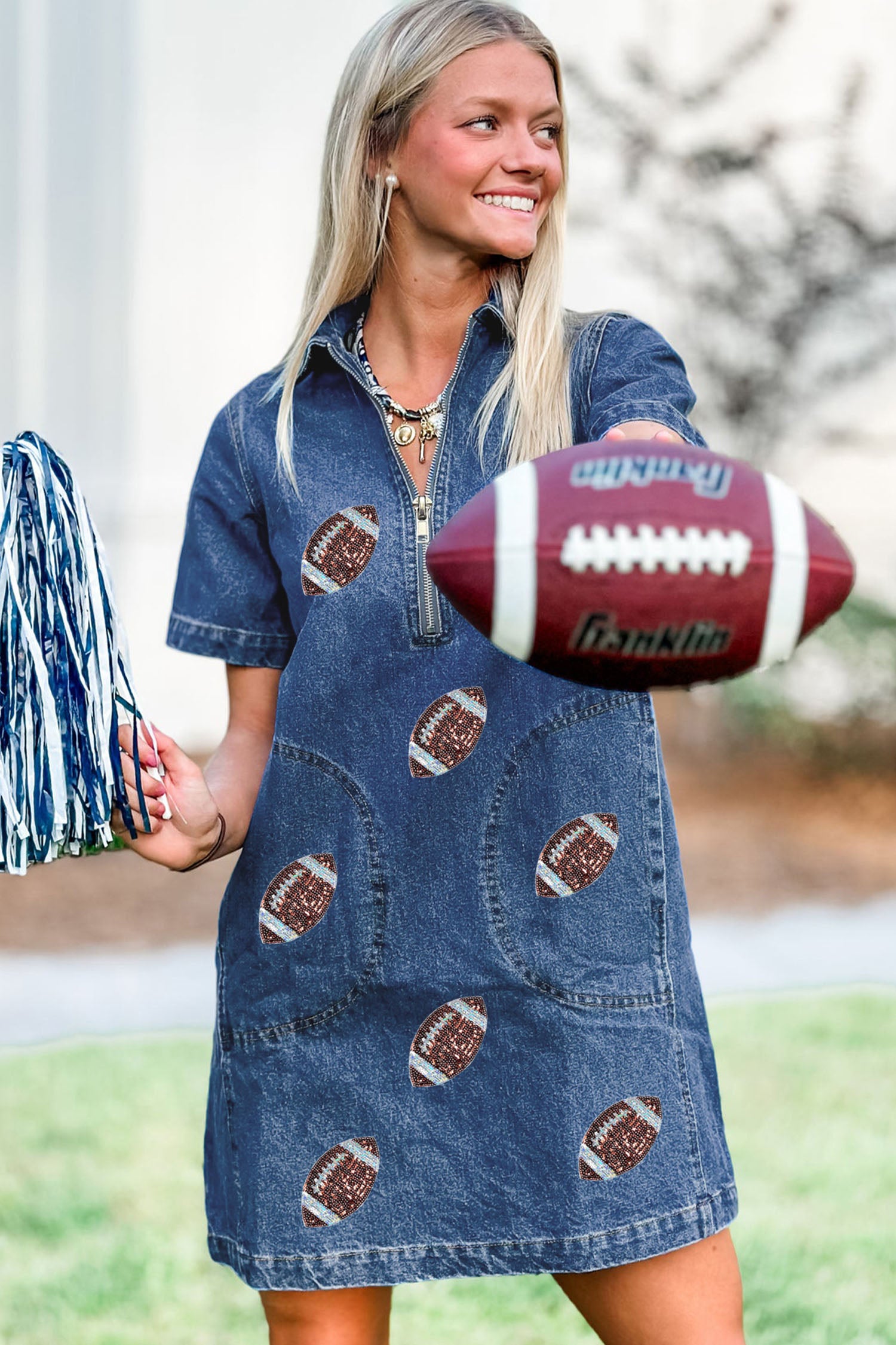 Blue Sequin Football Pattern Zip Collar Pocketed Denim Shift Dress-Graphic/Graphic Dresses-[Adult]-[Female]-2022 Online Blue Zone Planet