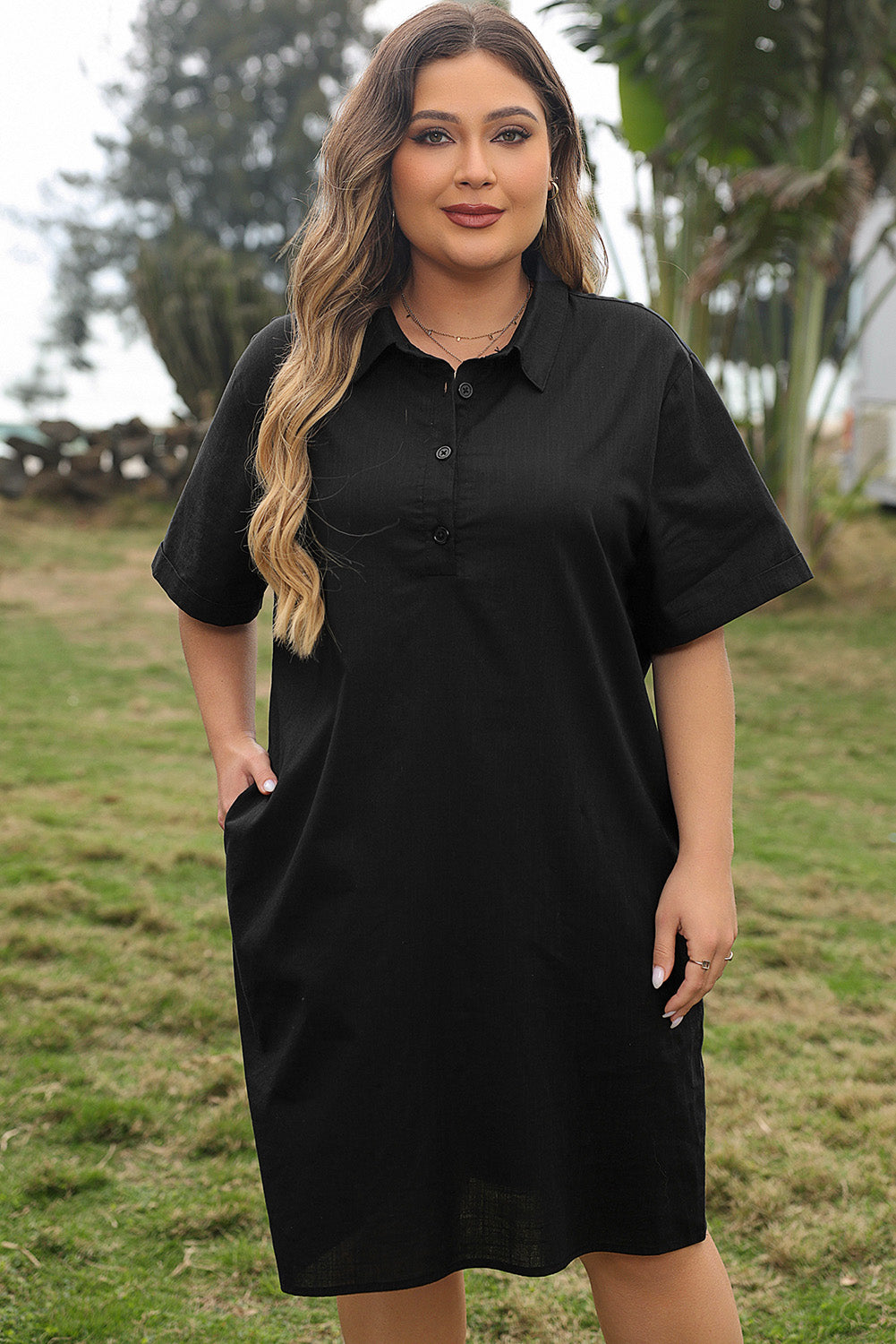 Black Plus Size Shirt Collar Buttoned Short Sleeve Shift Dress-TOPS / DRESSES-[Adult]-[Female]-Black-1X-2022 Online Blue Zone Planet