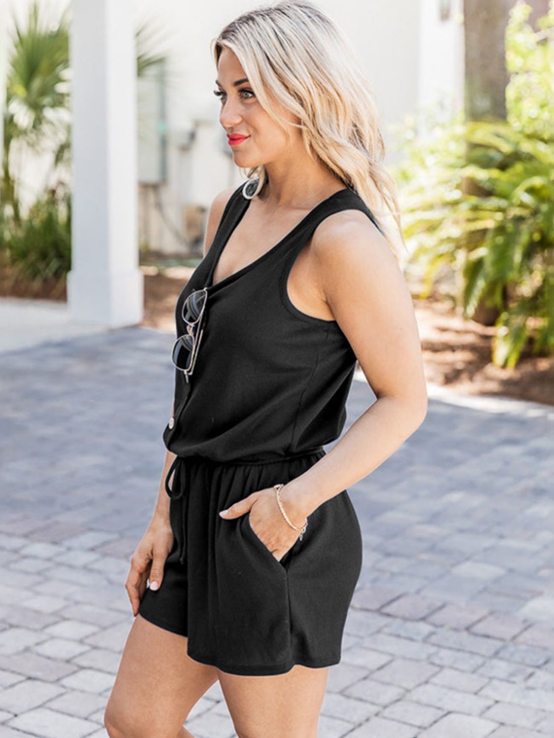 Scoop Neck Wide Strap Romper with Pockets-TOPS / DRESSES-[Adult]-[Female]-2022 Online Blue Zone Planet