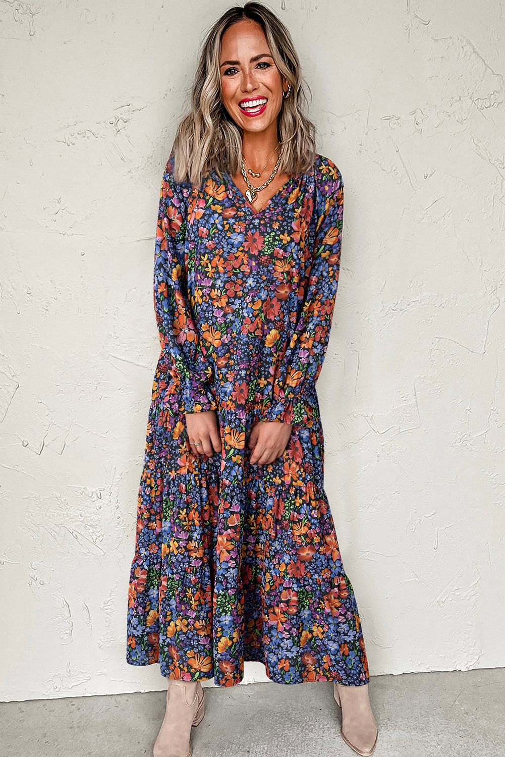 Blue Floral Print Tassel Tie V Neck Long Sleeve Flowy Maxi Dress, Maxi Modest dress Blue / L / 100%Polyester Blue Floral Print Tassel Tie V Neck Long Sleeve Flowy Maxi Dress, Maxi Modest dress Blue / L / 100%Polyester
