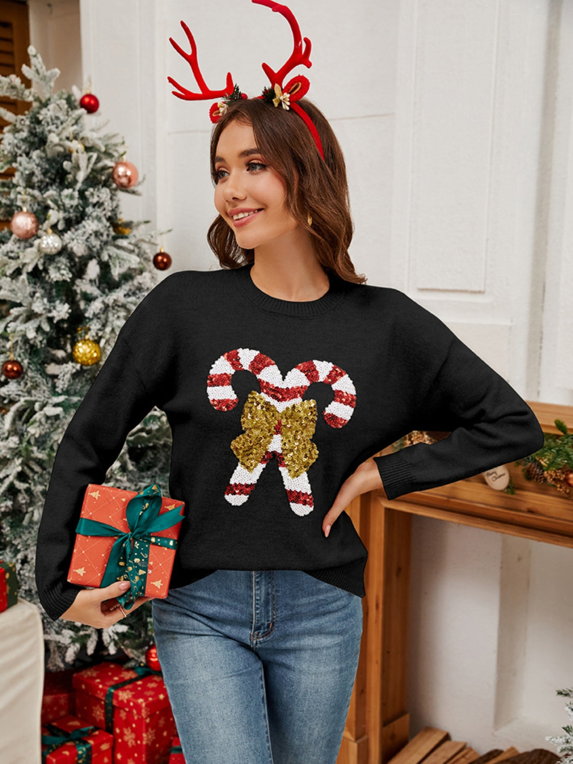 Blue Zone Planet |  Sequin Candy Cane Round Neck Long Sleeve Sweater