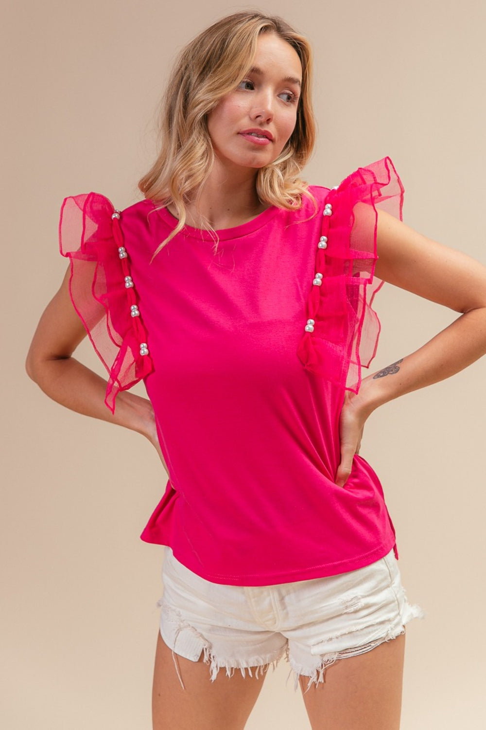 BiBi Pearl Decor Mesh Ruffle Sleeve Top-TOPS / DRESSES-[Adult]-[Female]-Fuchsia-S-2022 Online Blue Zone Planet