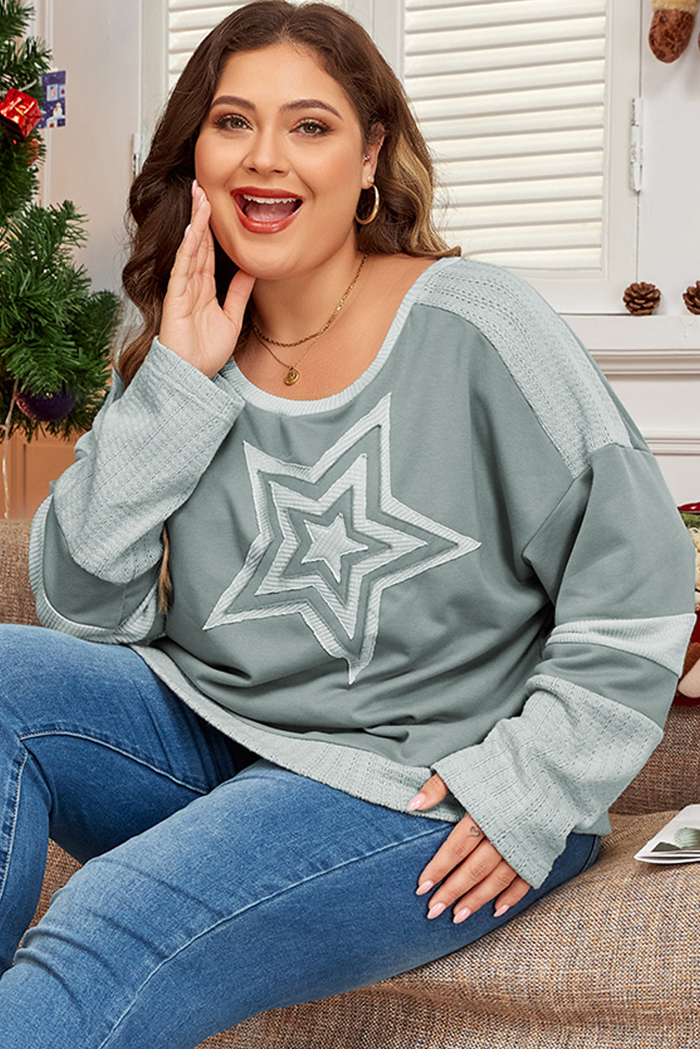 Blue Zone Planet | Mist Green Stars Patchwork Round Neck Plus Size T Shirt-TOPS / DRESSES-[Adult]-[Female]-2022 Online Blue Zone Planet