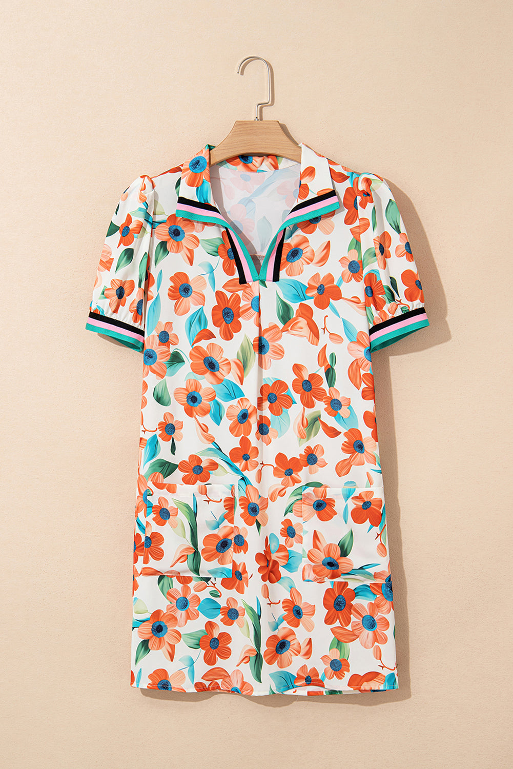 Orange Contrast Trim Floral Split Neck Puff Short Sleeve Tiered Mini Dress-TOPS / DRESSES-[Adult]-[Female]-2022 Online Blue Zone Planet