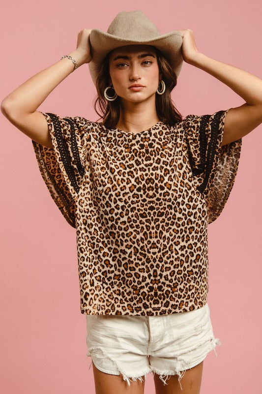 BiBi Leopard Crochet Trim Round Neck Short Sleeve Top-TOPS / DRESSES-[Adult]-[Female]-Leopard-S-2022 Online Blue Zone Planet