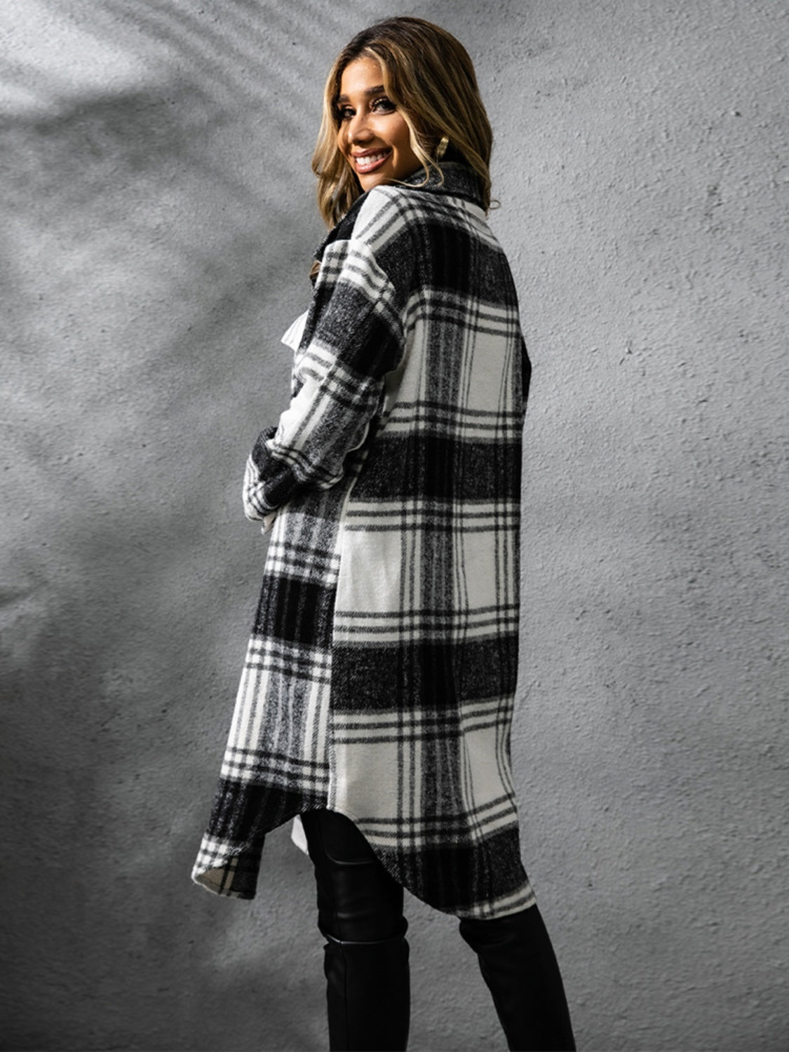 Plaid Collared Neck Long Sleeve Coat-TOPS / DRESSES-[Adult]-[Female]-2022 Online Blue Zone Planet