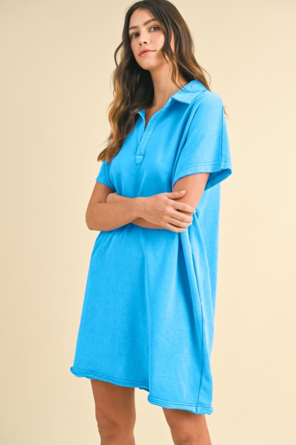 Annie Wear Mineral Washed Johnny Collar Short Sleeve Dress-TOPS / DRESSES-[Adult]-[Female]-Sky Blue-S-2022 Online Blue Zone Planet