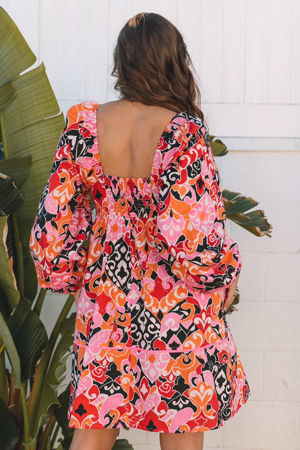 Blue Zone Planet | Pink Bohemian Square Neck Puff Sleeve Mini Dress-TOPS / DRESSES-[Adult]-[Female]-2022 Online Blue Zone Planet