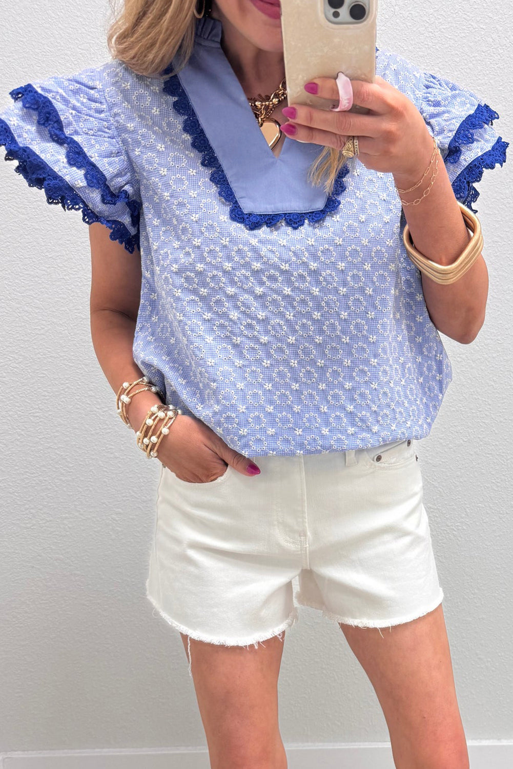 Beau Blue Eyelet Embroidered Flower Texture Contrast Lace Trim Flutter Sleeve Blouse-Tops/Blouses & Shirts-[Adult]-[Female]-2022 Online Blue Zone Planet