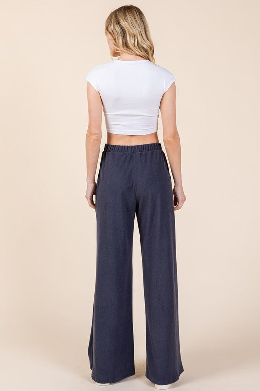 BOMBOM Elastic Waist Wide Leg Pants with Pockets-BOTTOMS SIZES SMALL MEDIUM LARGE-[Adult]-[Female]-2022 Online Blue Zone Planet