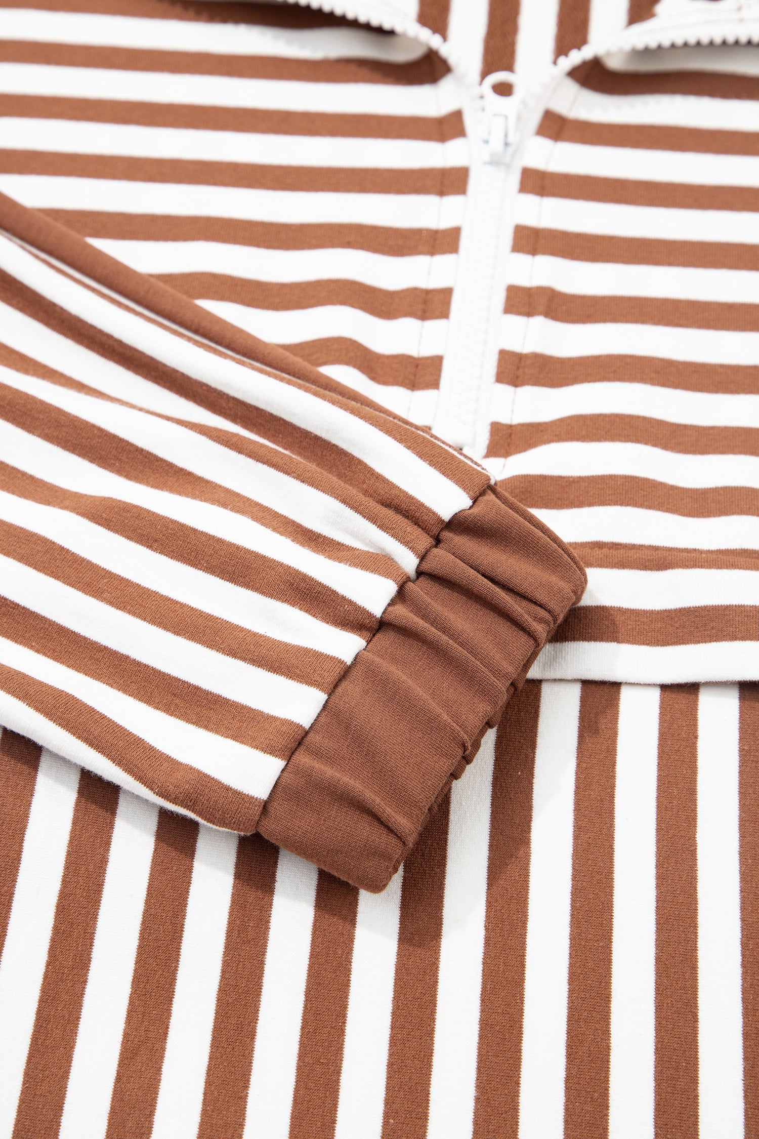 Brown Stripe Color Block Patchwork Quarter Zip Pullover Sporty Shorts Set-Two Piece Sets/Short Sets-[Adult]-[Female]-2022 Online Blue Zone Planet