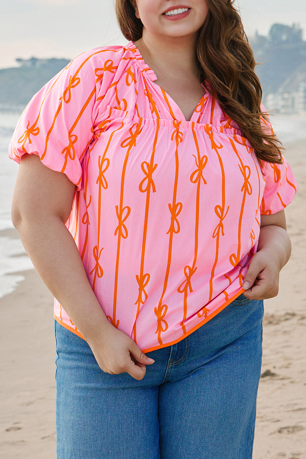 Blue Zone Planet | Rose Bowknot Print Shirred V Neck Puff Sleeve Plus Size Blouse-Plus Size/Plus Size Tops/Plus Size Blouses & Shirts-[Adult]-[Female]-2022 Online Blue Zone Planet