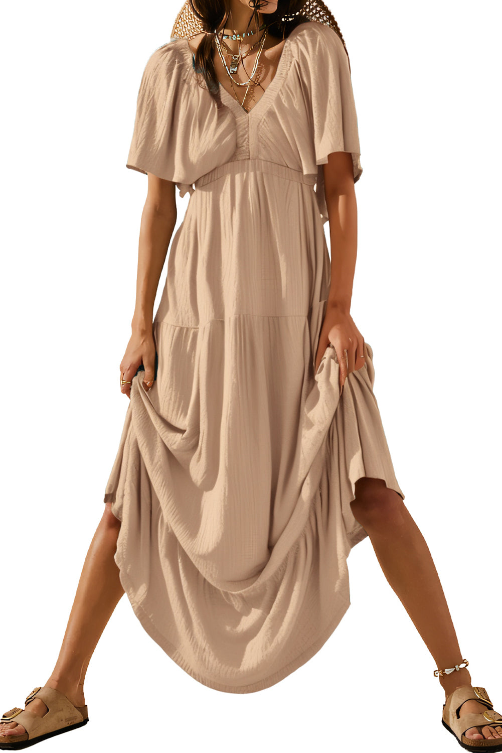 Parchment Textured V Neck Flutter Sleeve Ruffled Maxi Dress-Dresses/Maxi Dresses-[Adult]-[Female]-2022 Online Blue Zone Planet