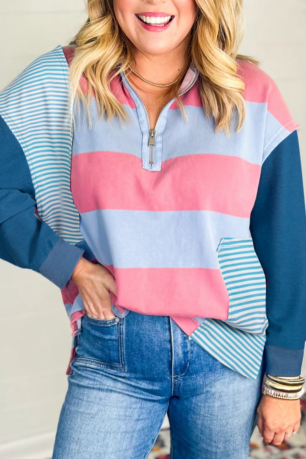 Blue Stripe Colorblock Patchwork Zip Up Plus Size Pullover-Plus Size/Plus Size Sweatshirts & Hoodies-[Adult]-[Female]-Blue Stripe-1X-2022 Online Blue Zone Planet