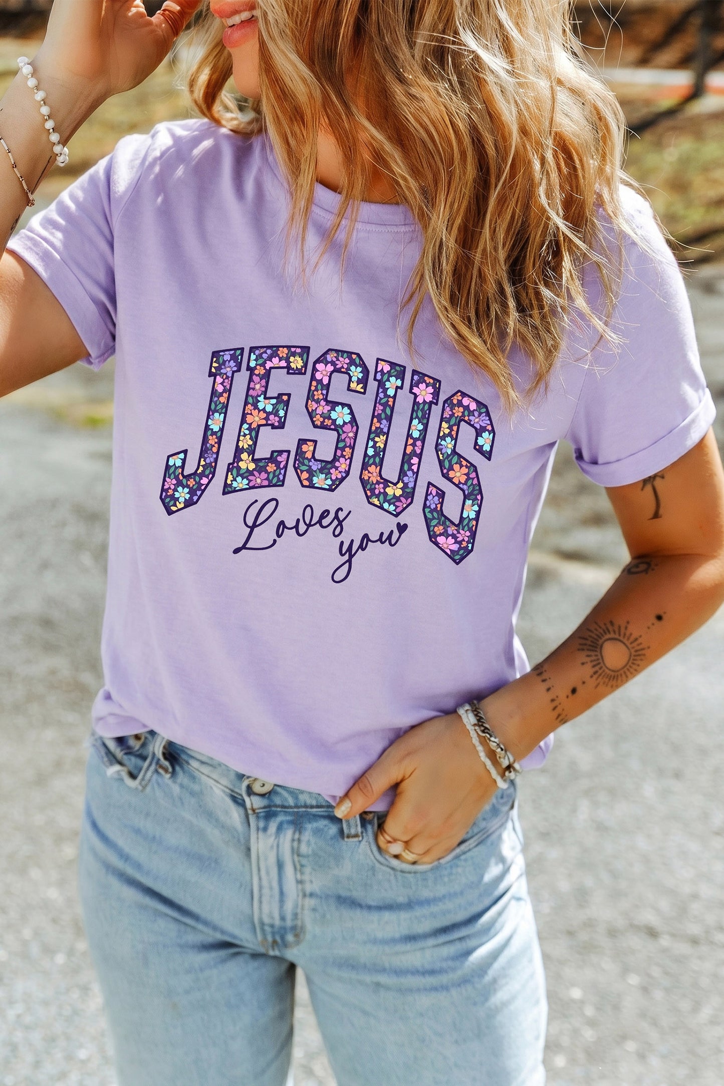 Orchid Petal Christian Floral Letter Graphic Round Neck T Shirt-Graphic/Graphic Tees-[Adult]-[Female]-2022 Online Blue Zone Planet