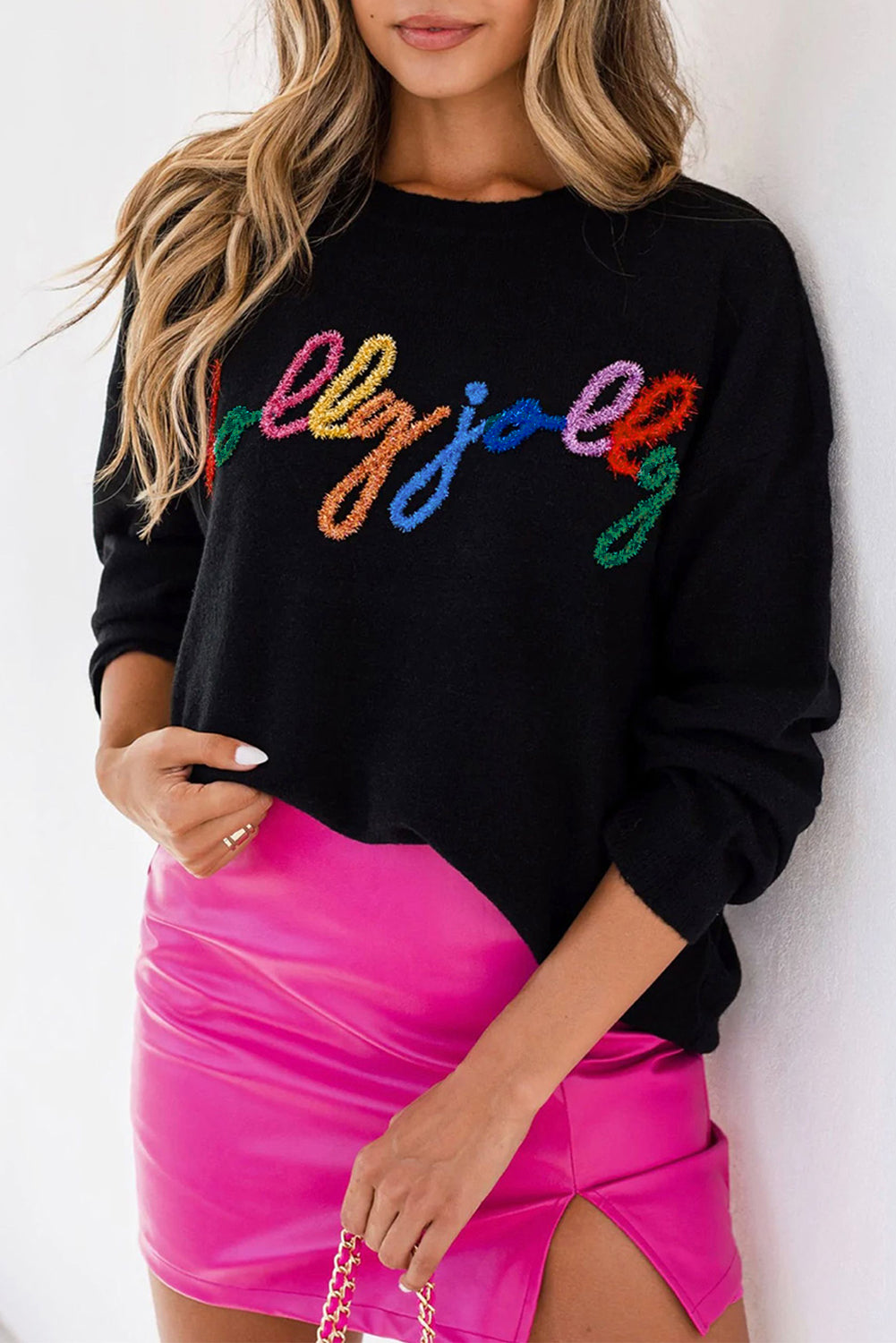 White Glitter Merry & Bright Round Neck Knit Sweater-Sweaters-[Adult]-[Female]-Black-S-2022 Online Blue Zone Planet