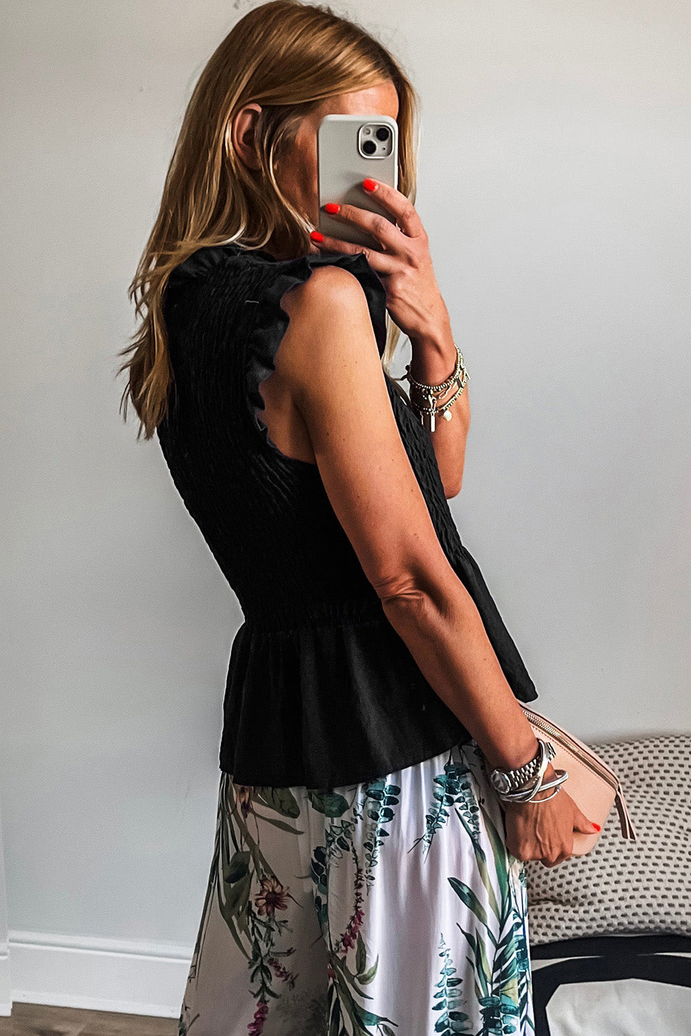 Black Ruffle Short Sleeve Shirred Peplum Top-Tops/Blouses & Shirts-[Adult]-[Female]-2022 Online Blue Zone Planet
