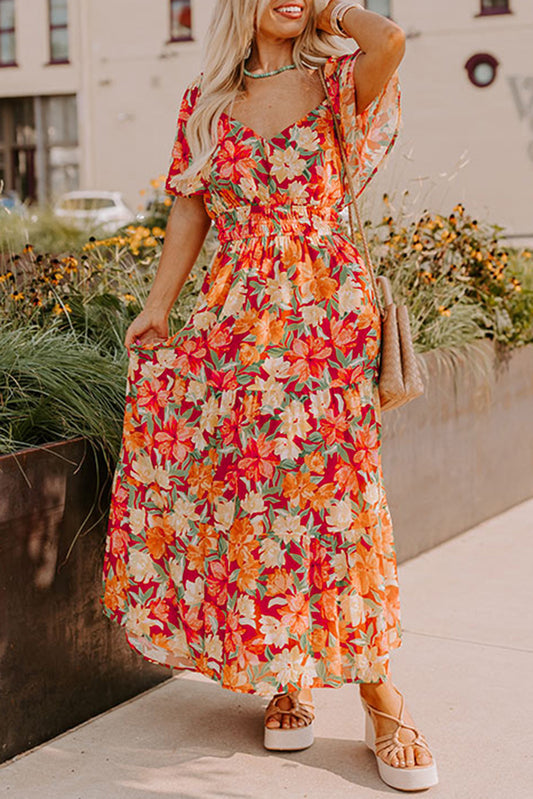 Orange Plus Size Floral V Neck Cinched Waist Maxi Dress-Plus Size Dresses-[Adult]-[Female]-Orange-1X-2022 Online Blue Zone Planet
