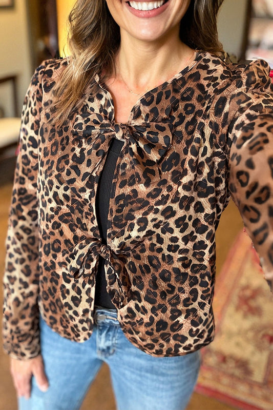 Khaki Leopard Quilted Tie Front Jacket-Outerwear/Jackets-[Adult]-[Female]-2022 Online Blue Zone Planet