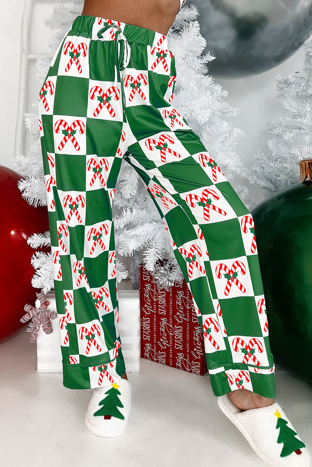 Green Candy Cane Checkered Pattern Christmas Pajama Set-Loungewear Set-[Adult]-[Female]-2022 Online Blue Zone Planet