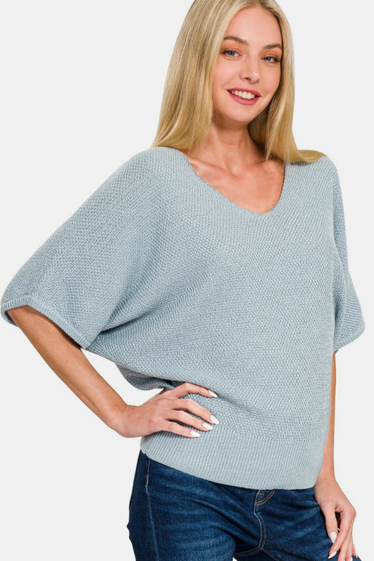 Zenana V-Neck Short Sleeve Dolman Sweater-TOPS / DRESSES-[Adult]-[Female]-Blue Grey-S-2022 Online Blue Zone Planet