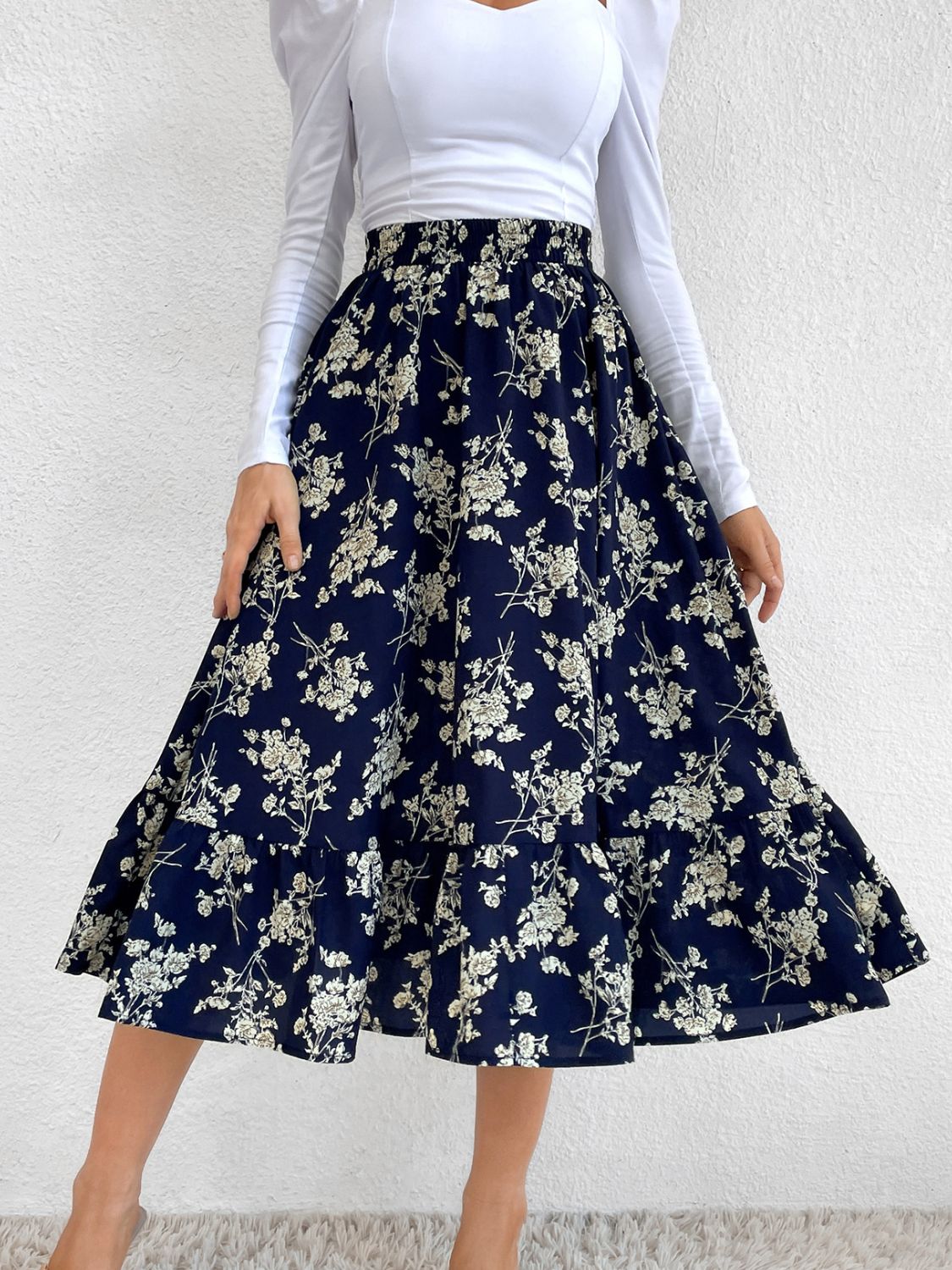 Printed Elastic Waist Midi Skirt-BOTTOM SIZES SMALL MEDIUM LARGE-[Adult]-[Female]-Navy-S-2022 Online Blue Zone Planet