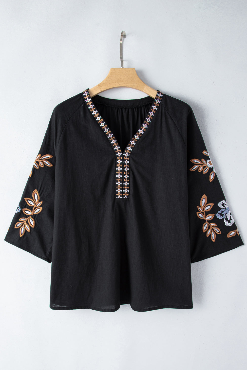 Black Bohemian Floral Embroidered V Neck Blouse-Tops/Blouses & Shirts-[Adult]-[Female]-2022 Online Blue Zone Planet