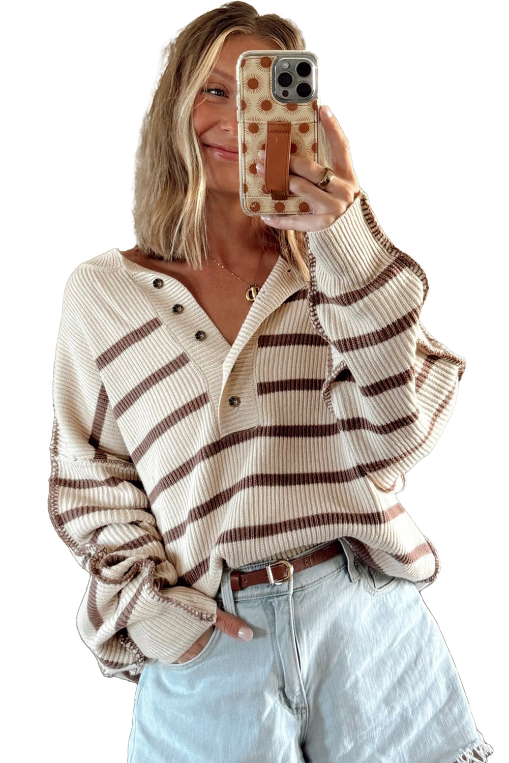 Brown Stripe Ribbed Henley Drop Shoulder Slouchy Sweater-TOPS / DRESSES-[Adult]-[Female]-2022 Online Blue Zone Planet