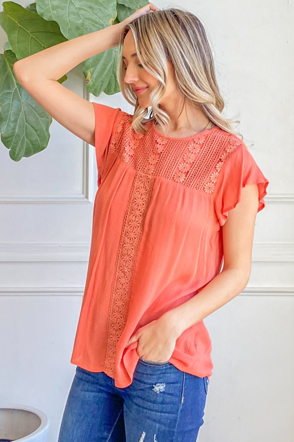 Blue Zone Planet | And The Why Lace Detail Ruffle Short Sleeve Blouse-TOPS / DRESSES-[Adult]-[Female]-2022 Online Blue Zone Planet