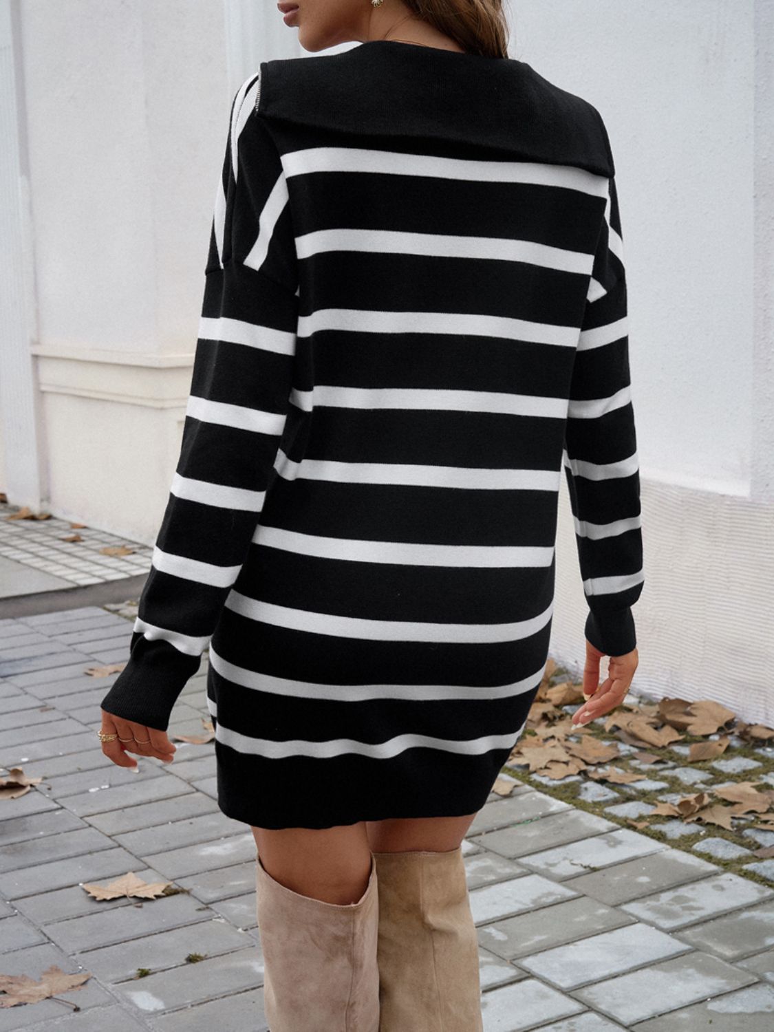 Blue Zone Planet | Devine Quarter Zip Striped Long Sleeve Sweater Dress-TOPS / DRESSES-[Adult]-[Female]-2022 Online Blue Zone Planet