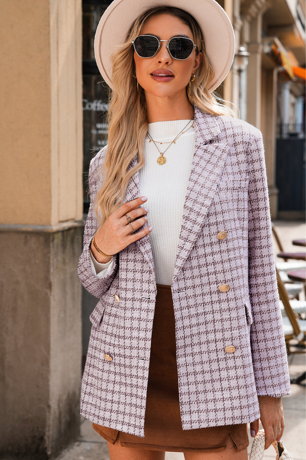 Burgundy Elegant Tweed Plaid Blazer-Outerwear/Blazers-[Adult]-[Female]-2022 Online Blue Zone Planet