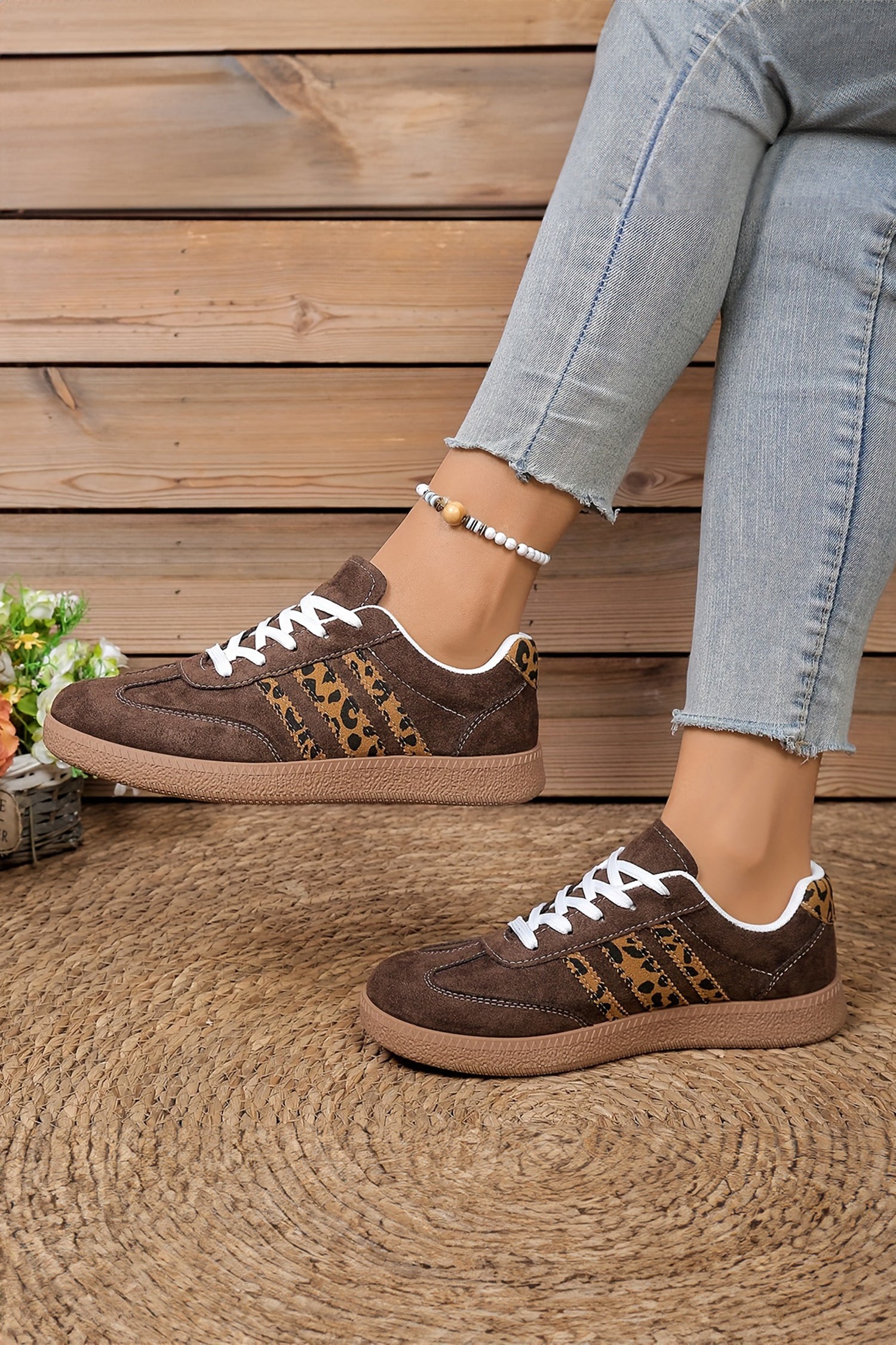 Coffee Contrast Lace-Up Leopard Patchwork Detail Faux Suede Shoes-Shoes & Bags/Womens Shoes-[Adult]-[Female]-2022 Online Blue Zone Planet