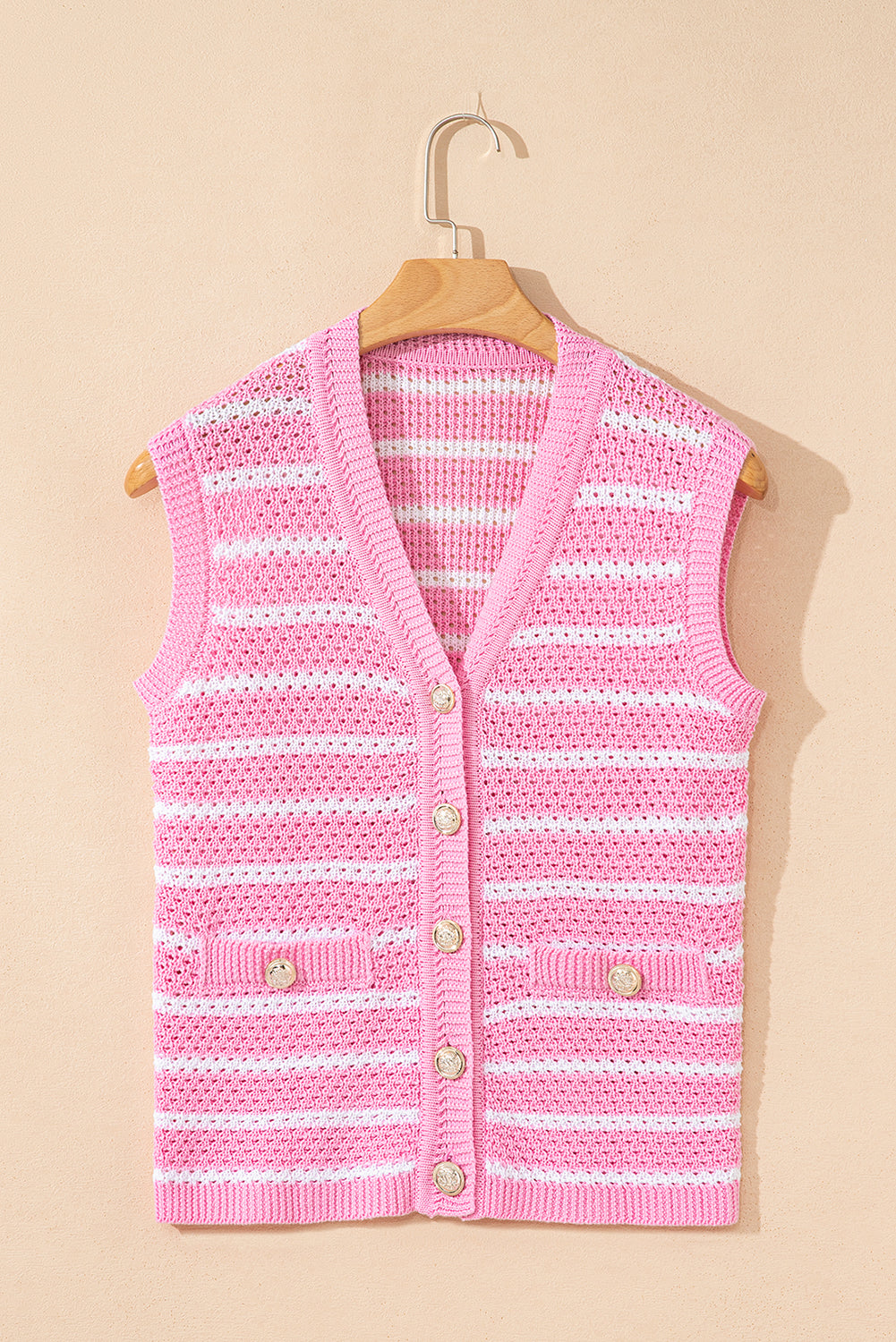 Sky Blue Stripe V Neck Gold Buttons Elegant Sweater Vest-TOPS / DRESSES-[Adult]-[Female]-2022 Online Blue Zone Planet