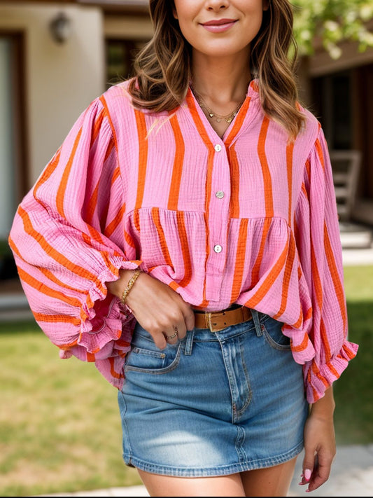 Striped Notched Long Sleeve Blouse-TOPS / DRESSES-[Adult]-[Female]-Pink-S-2022 Online Blue Zone Planet