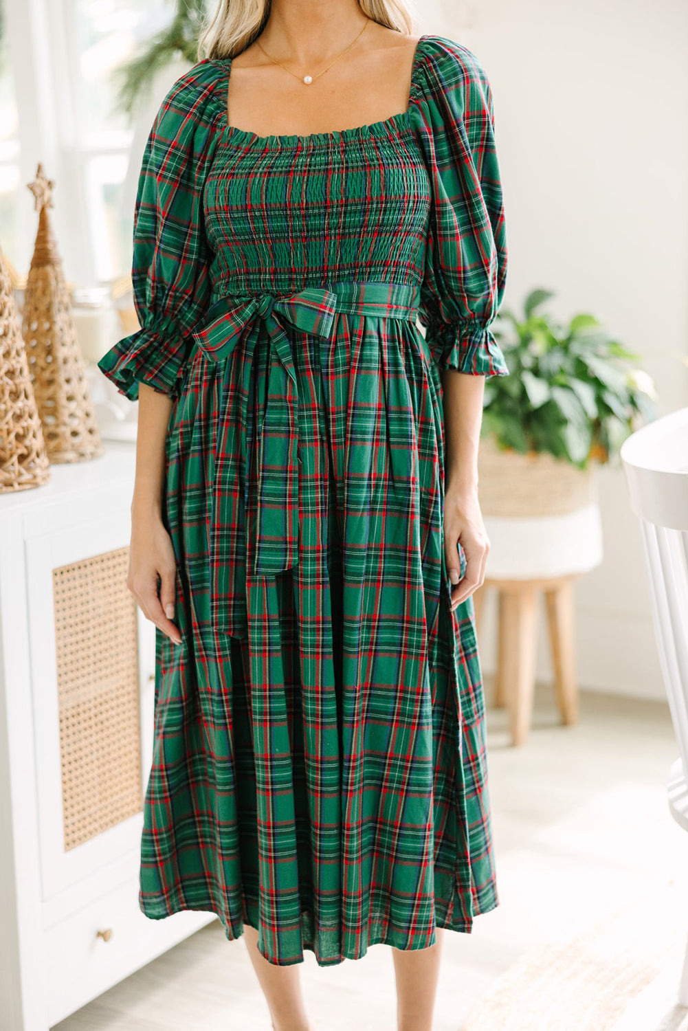 Green Tartan Plaid Square Neck Puff Sleeve Knot Waist Flared Midi Dress-TOPS / DRESSES-[Adult]-[Female]-2022 Online Blue Zone Planet