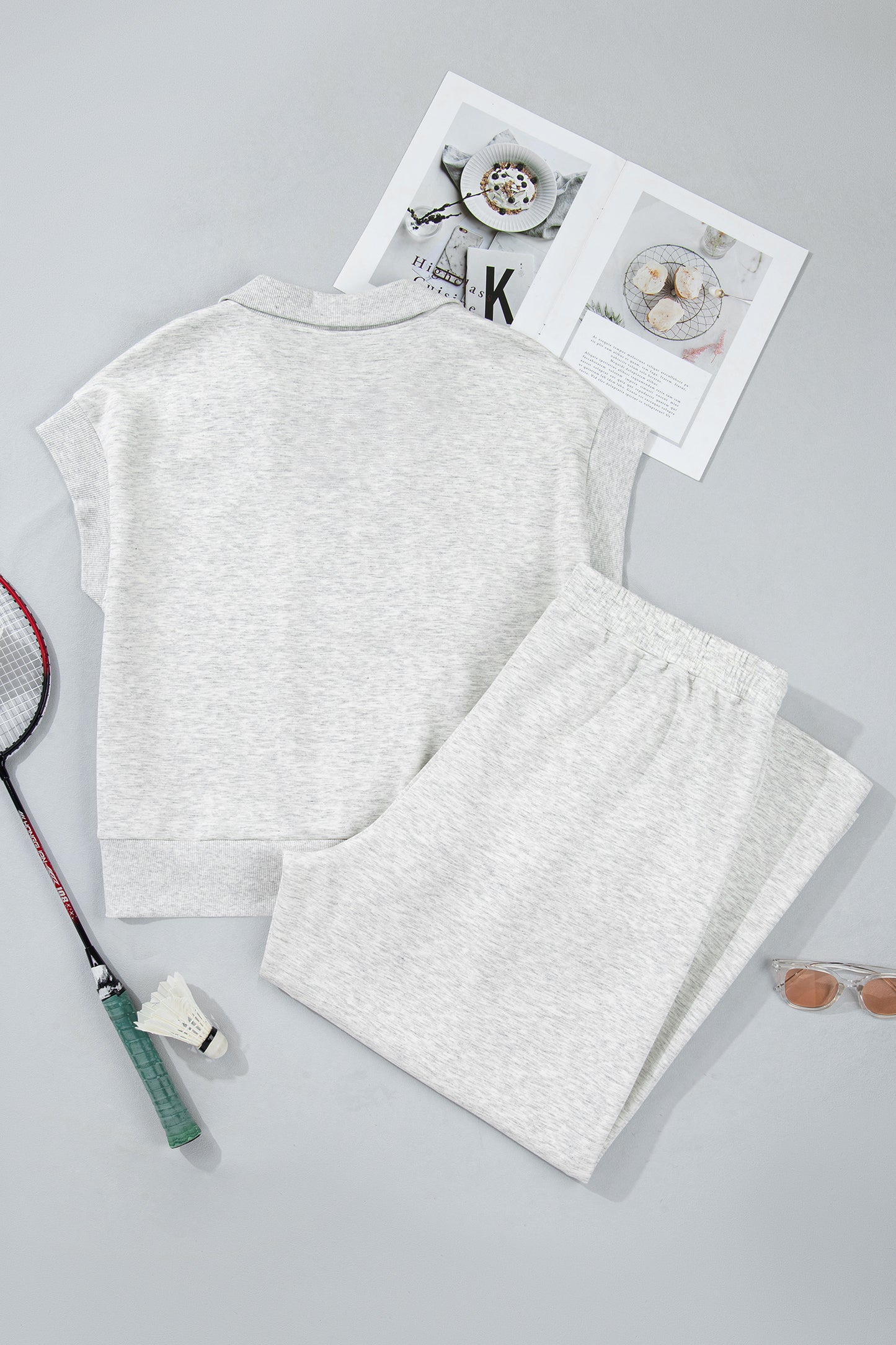 Light Grey Half Zip Polo Tee Loose Pants Plus Size 2pcs Outfit-Plus Size/Plus Size Loungewear-[Adult]-[Female]-2022 Online Blue Zone Planet