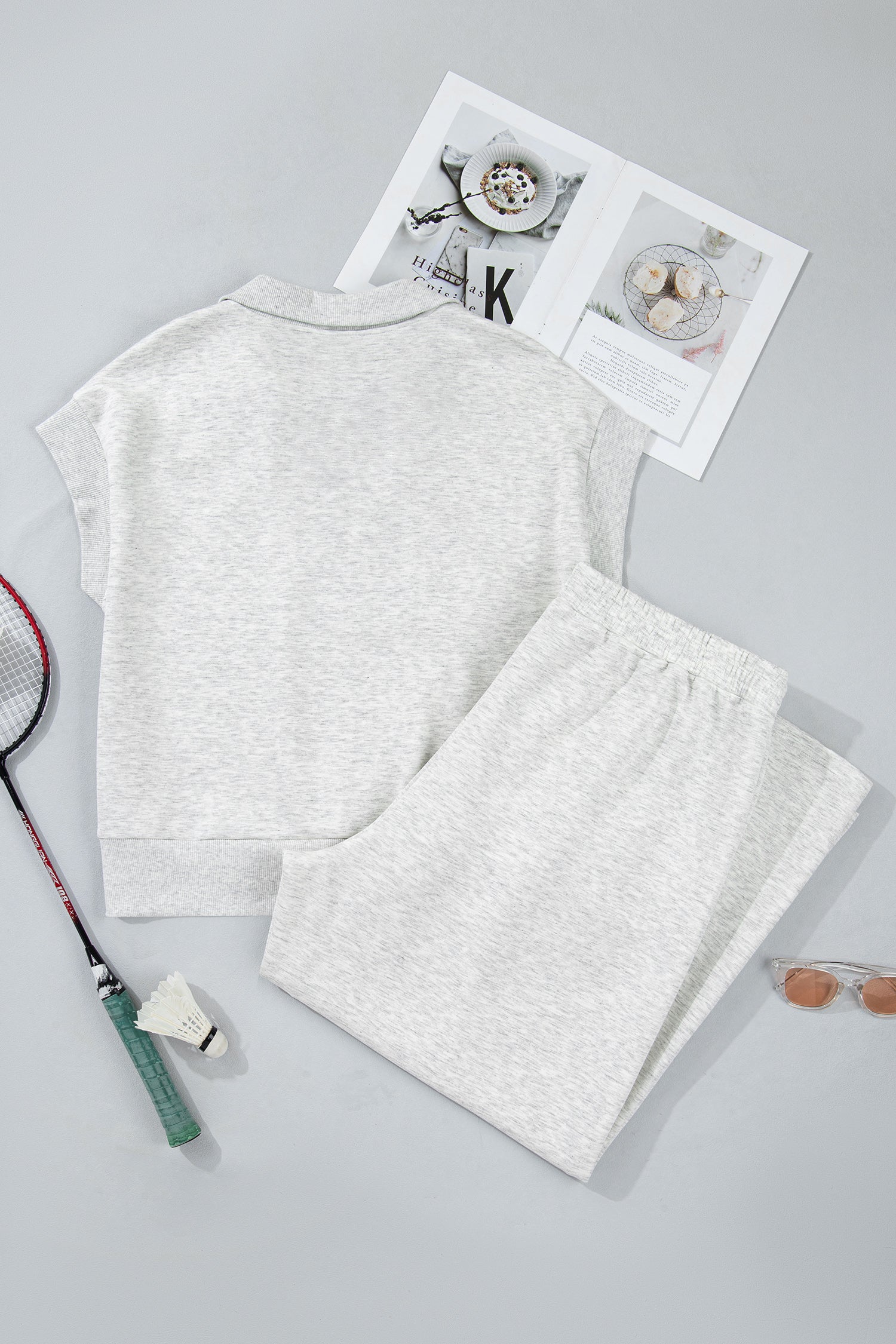 Light Grey Half Zip Polo Tee Loose Pants Plus Size 2pcs Outfit-Plus Size/Plus Size Loungewear-[Adult]-[Female]-2022 Online Blue Zone Planet