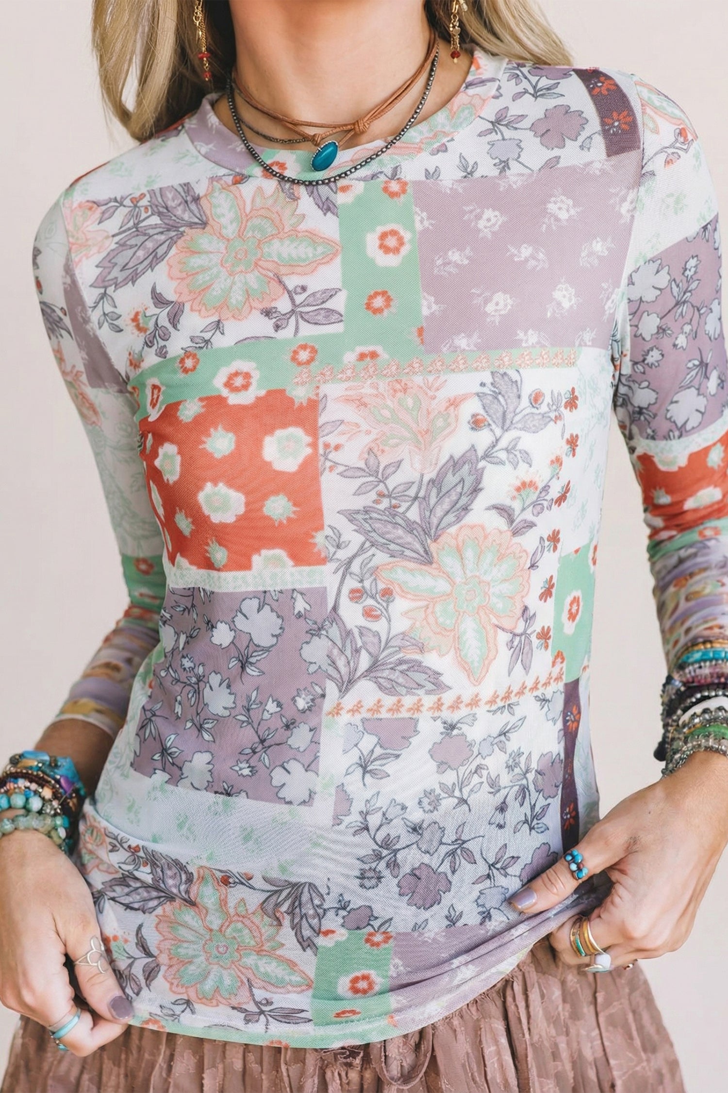 Khaki Mixed Floral Print Patchwork Mock Neck Mesh Top-Tops/Long Sleeve Tops-[Adult]-[Female]-2022 Online Blue Zone Planet